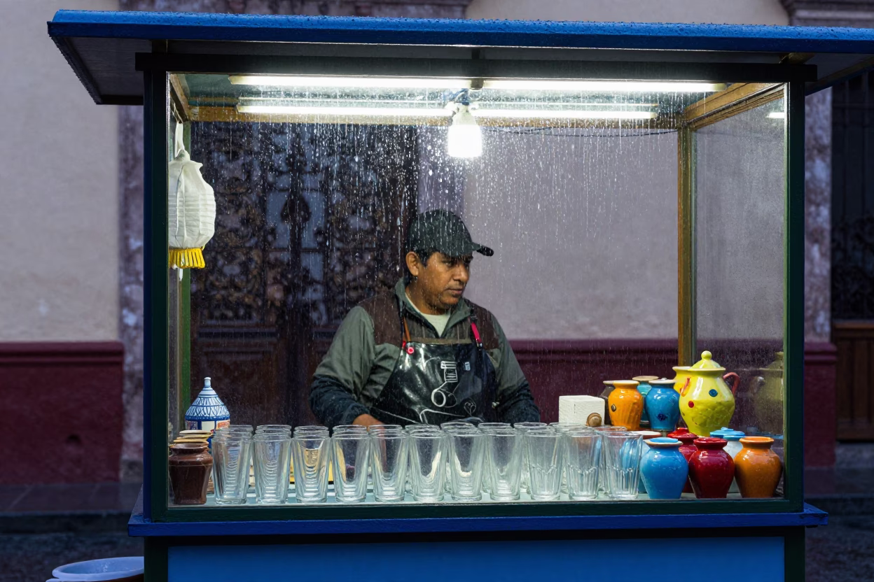 Guadalajara street vendor sheltering colorful wares under rain at dusk in in Guadalajara, Mexico
