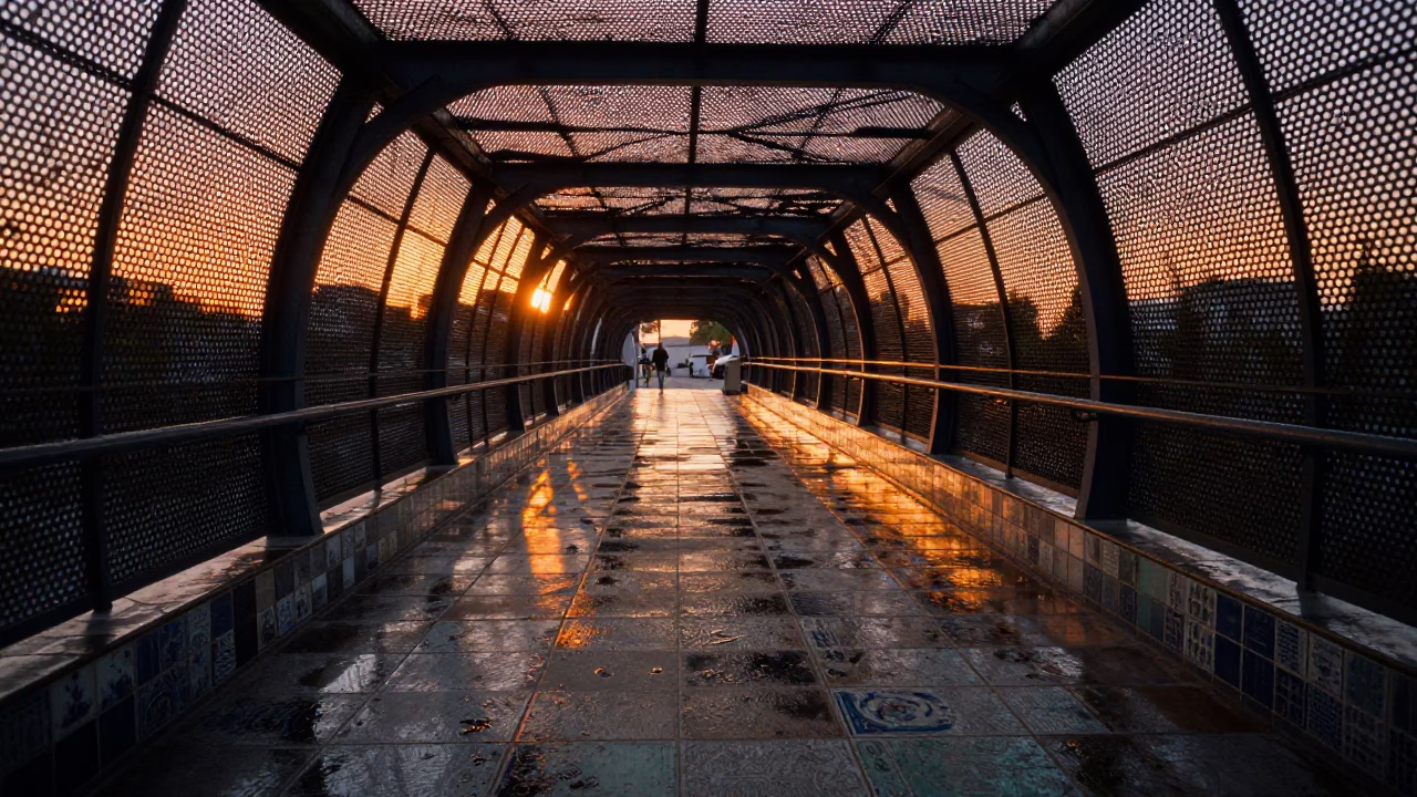 Guadalajara Sunset Pedestrian Overpass with Ceramic Tiles and Wet Footsteps in in Guadalajara, Mexico