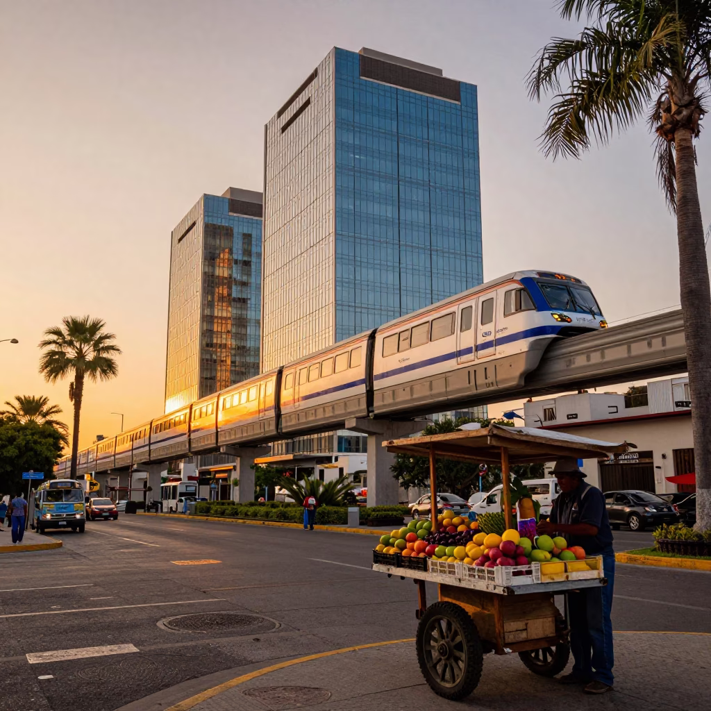 Guadalajara Sunset Street Scene with Monorail and Palm Trees in in Guadalajara, Mexico