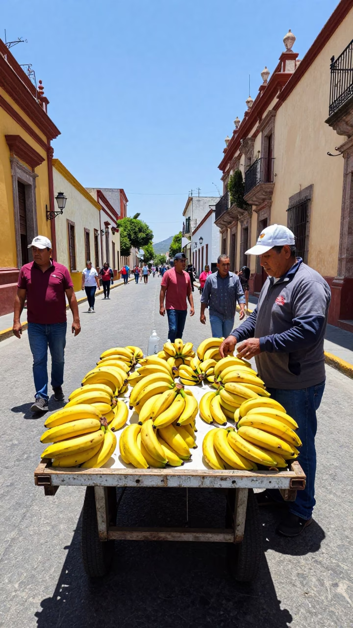 Guadalaya Mexico midday street scene with bananas and local market activity in in Guadalajara, Mexico