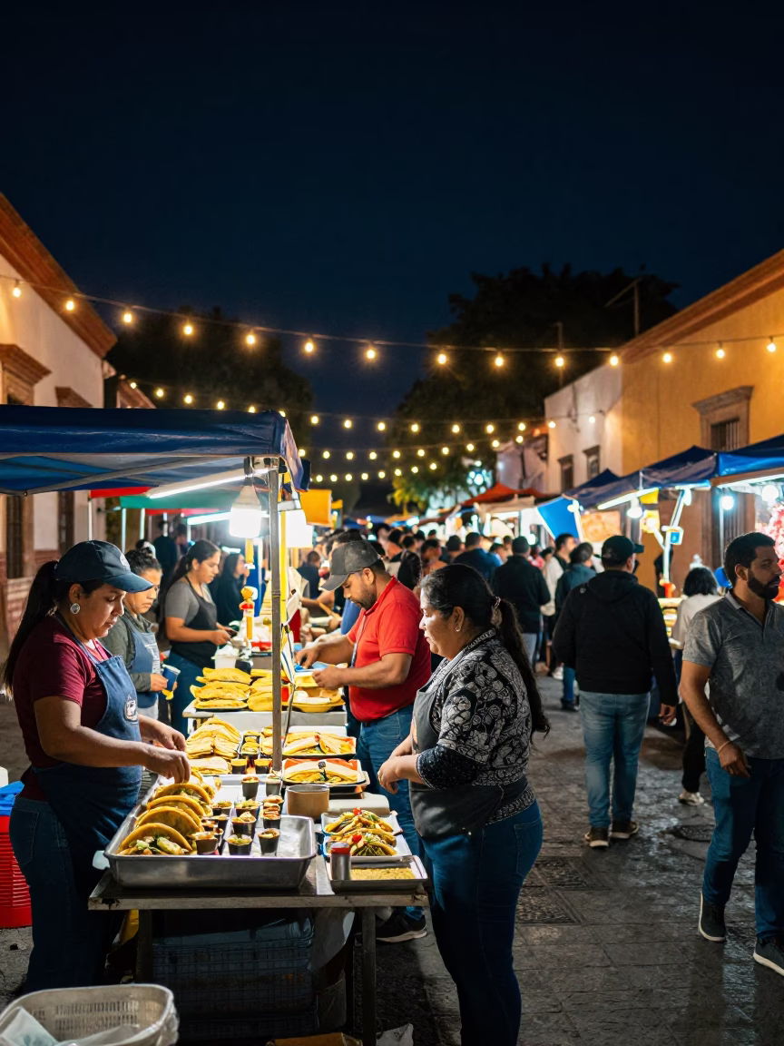 Guadalaya Mexico Night Market Scene with Street Food and Urban Architecture in in Guadalajara, Mexico