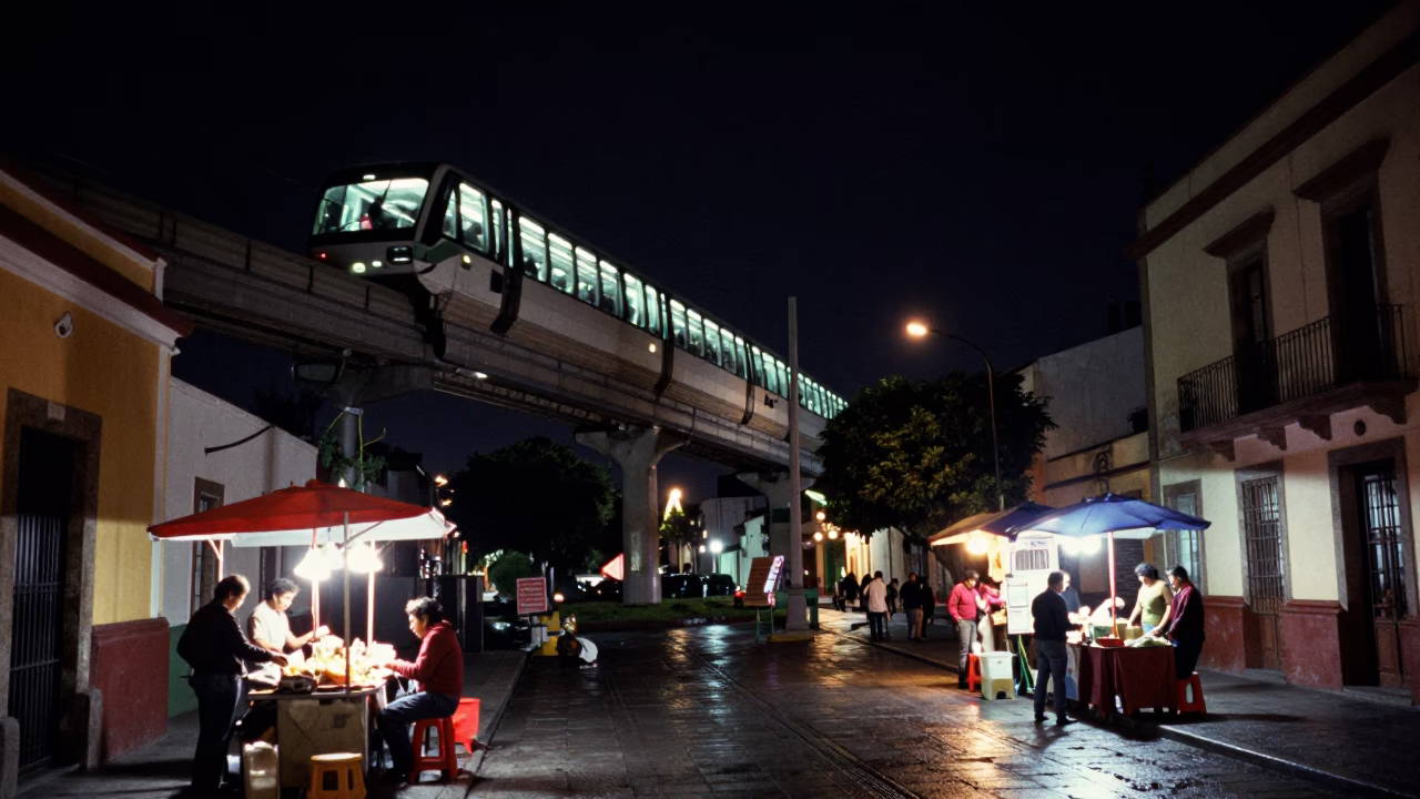Guadalaya Mexico night street scene with monorail and local vendors in in Guadalajara, Mexico