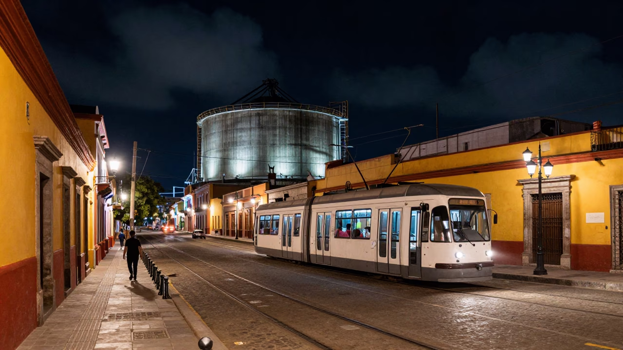 Guadalaya Mexico Night Street Scene with Tram and Industrial Basin Reflections in in Guadalajara, Mexico