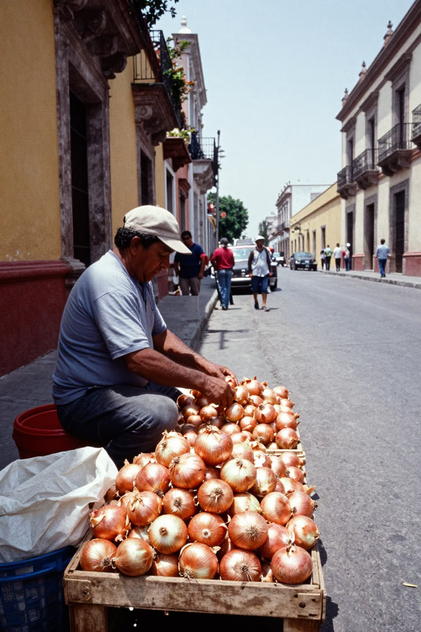 Guadalaya Mexico Noon Street Scene with Onions and Local Market Activity in in Guadalajara, Mexico