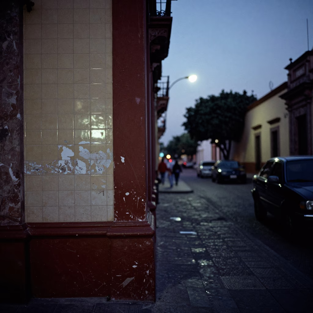 Guadalaya Mexico Predawn Street Scene with Scratched Tile and Rusty Hinge Details in in Guadalajara, Mexico