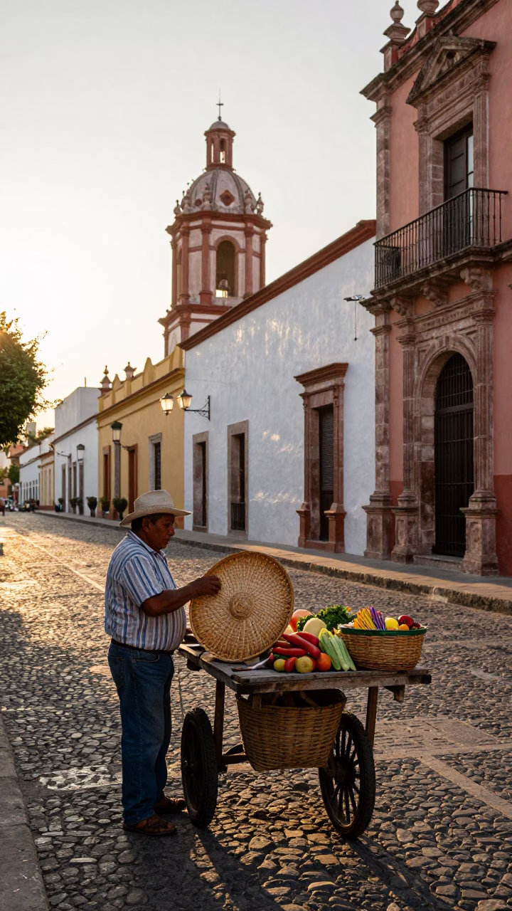 Guadalaya Mexico Sunrise Street Scene with Woven Cane and Local Vendor in in Guadalajara, Mexico