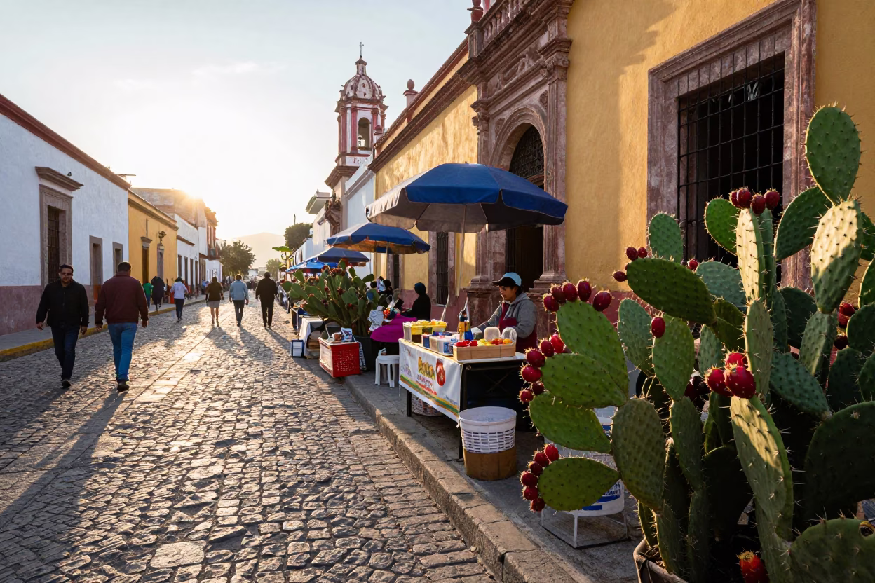 Guadalaya Morning Street Scene with Prickly Pear Cactus and Local Market Activity in in Guadalajara, Mexico