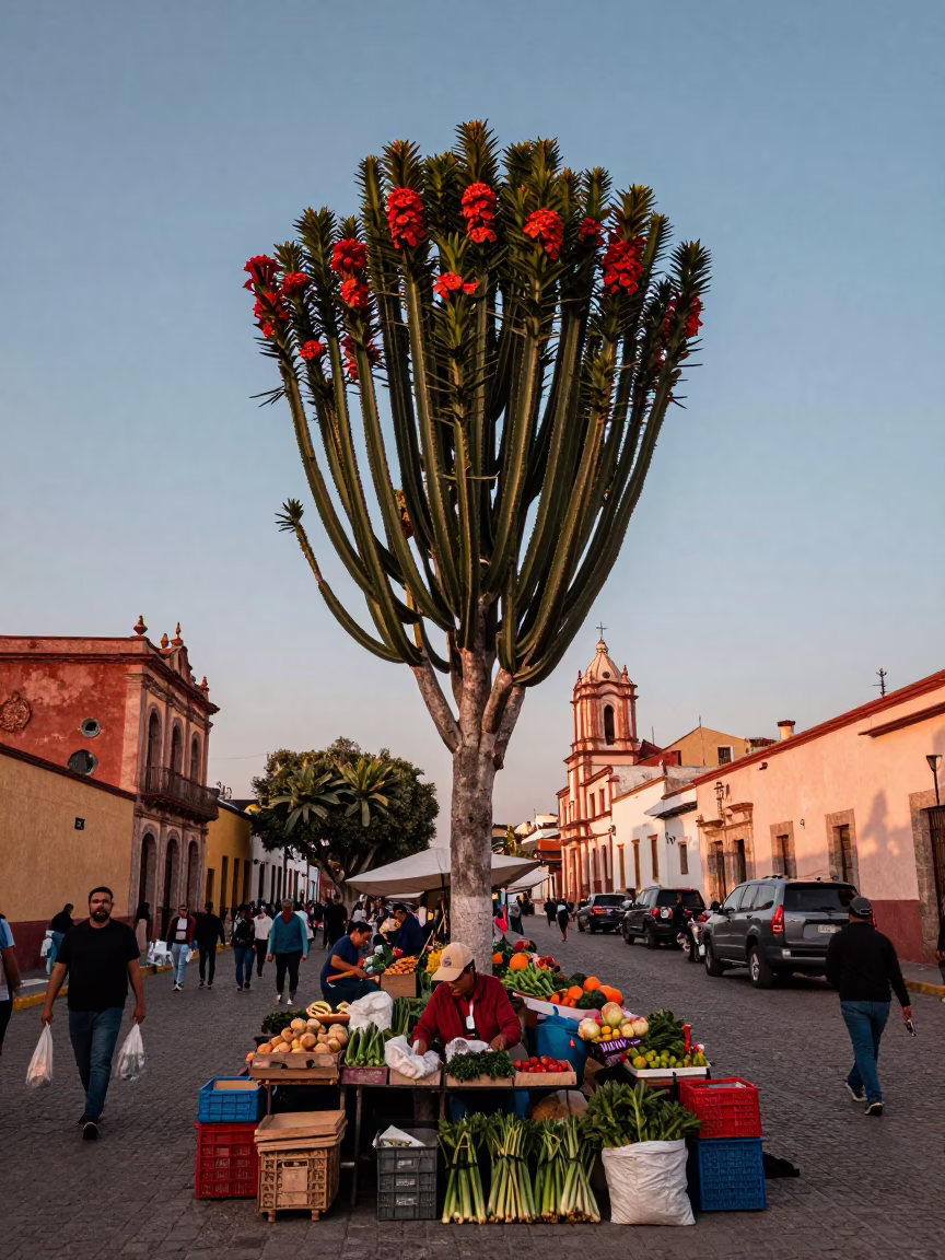 Guadalaya Street Market Scene with Euphorbia Candelabra and Local Commerce in in Guadalajara, Mexico