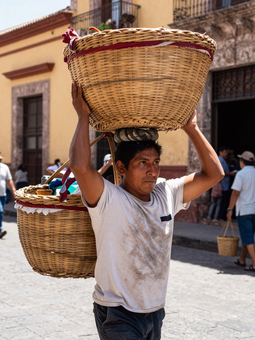 Guadalaya Street Scene Midday Market Porter Carrying Baskets on Head in in Guadalajara, Mexico