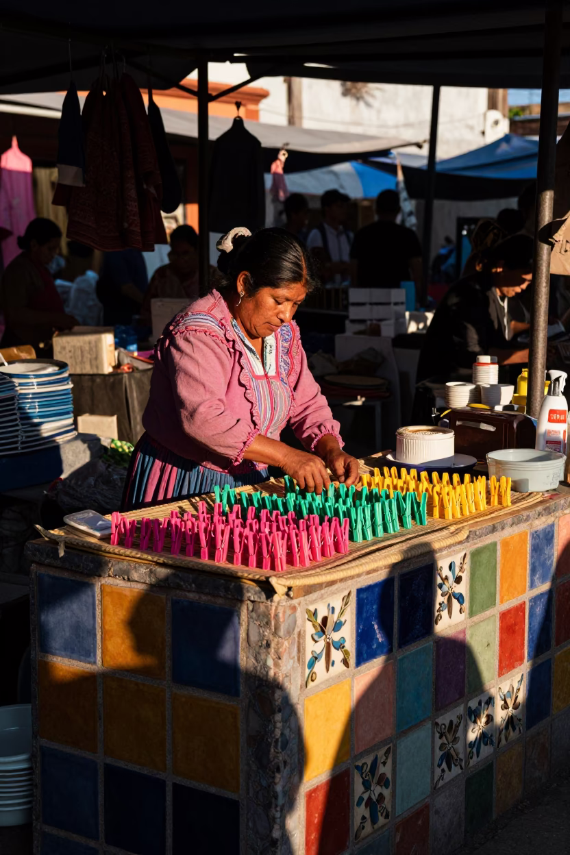 Guadalayan Market Stall First Light with Laundry Pins and Ceramic Bowls in in Guadalajara, Mexico