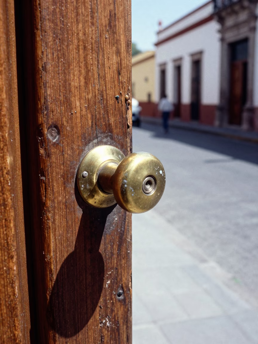 Guadalayan Noon Street Scene with Smudged Doorknob and Traditional Architecture in in Guadalajara, Mexico