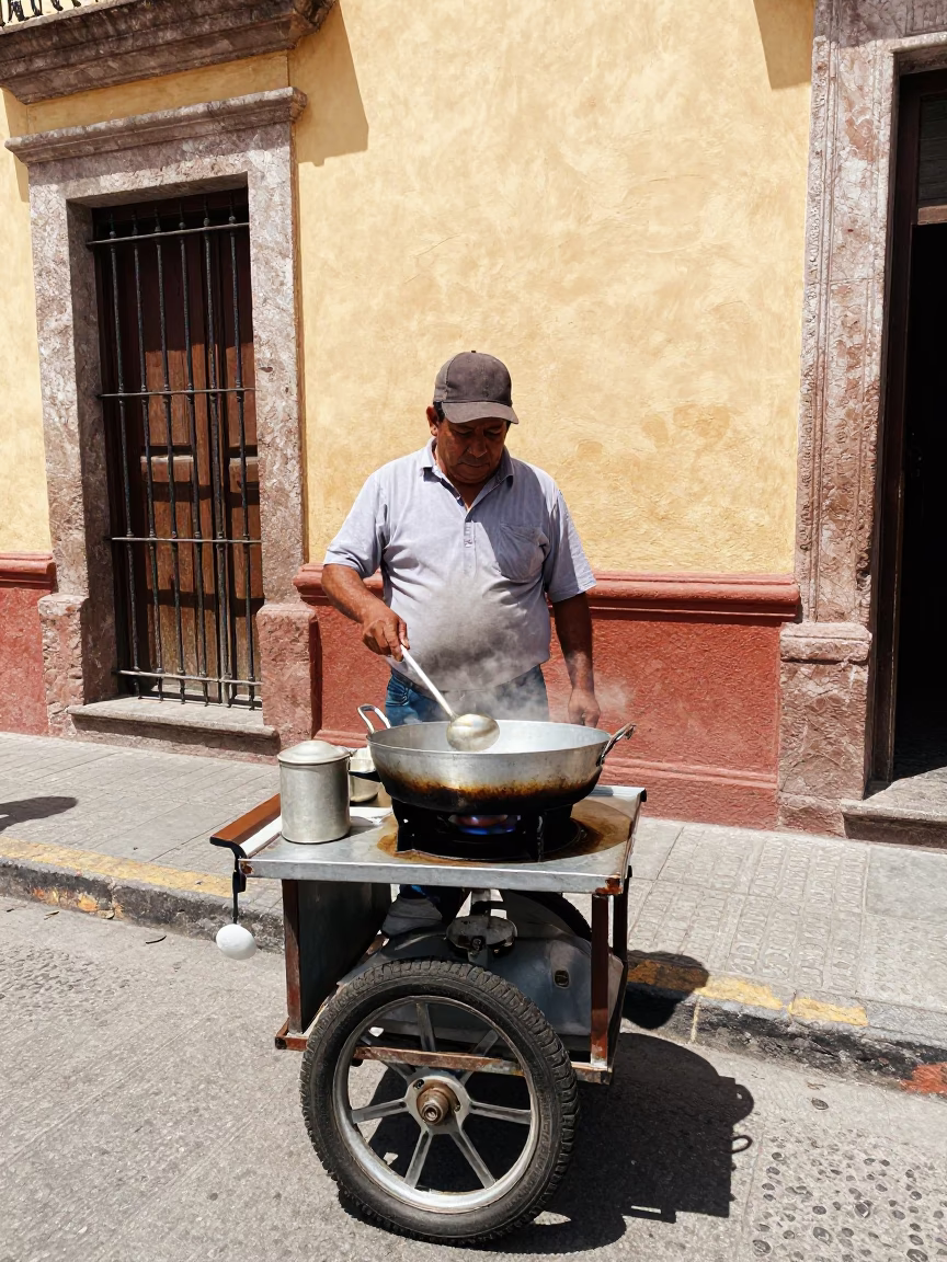 Guadalayan Street Vendor Noon Heat Saucepan Ladle and Ceramic Bowl Scene in in Guadalajara, Mexico