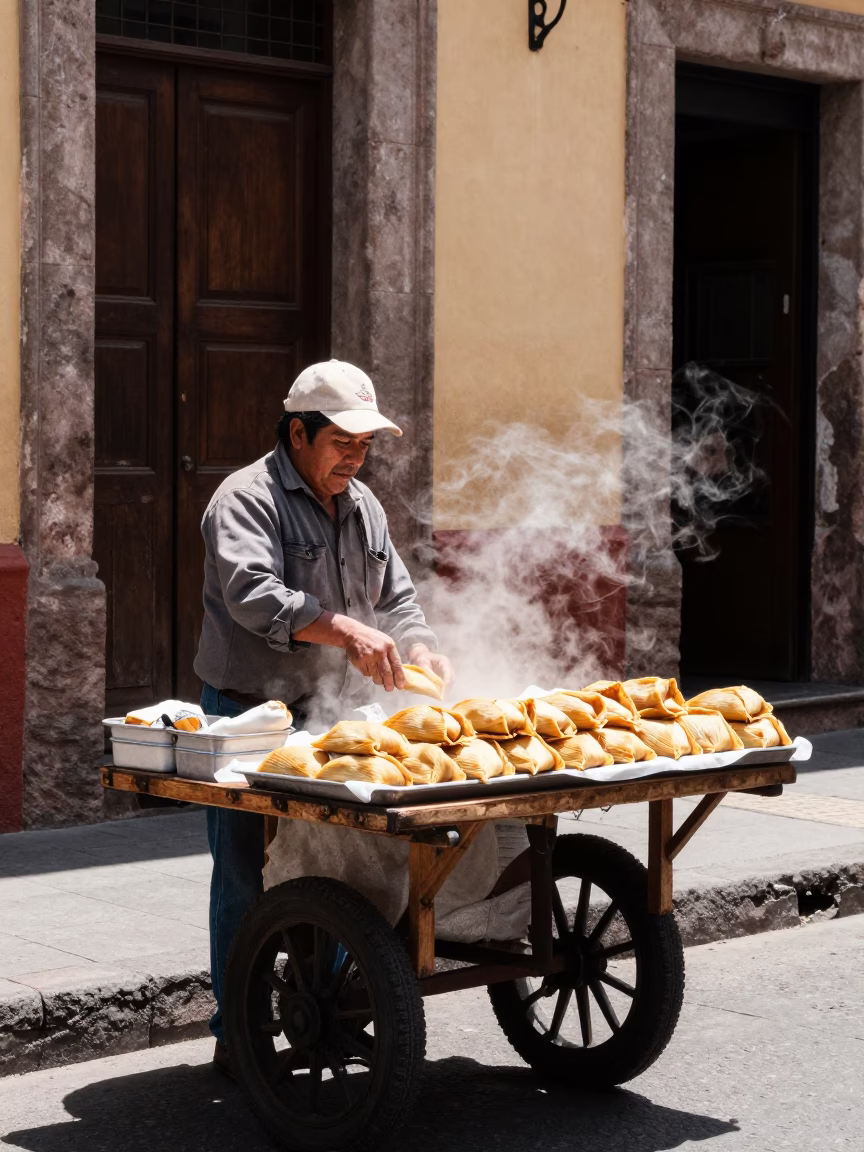Guadalayan Street Vendor Selling Tamales Under Intense Noon Sunlight in Jalisco Mexico in in Guadalajara, Mexico