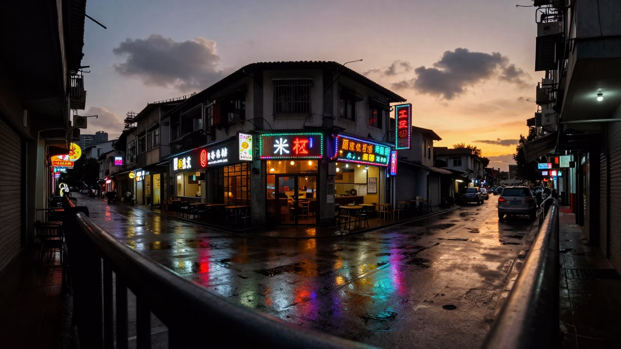 Guangzhou Alley Neon Signs Wet Pavement Sunset in outside a corner cafe in Guangzhou