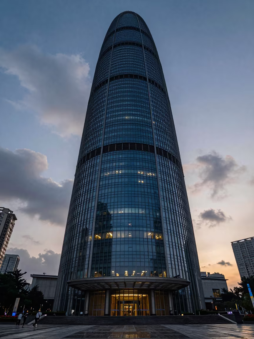 Guangzhou Atrium Tower in Indigo Twilight After Rain in across a formal civic plaza in Guangzhou
