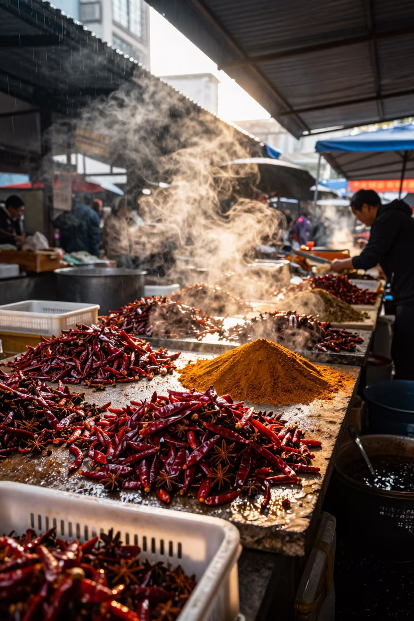 Guangzhou Market Spice Slab After Rain in under a market canopy in Guangzhou