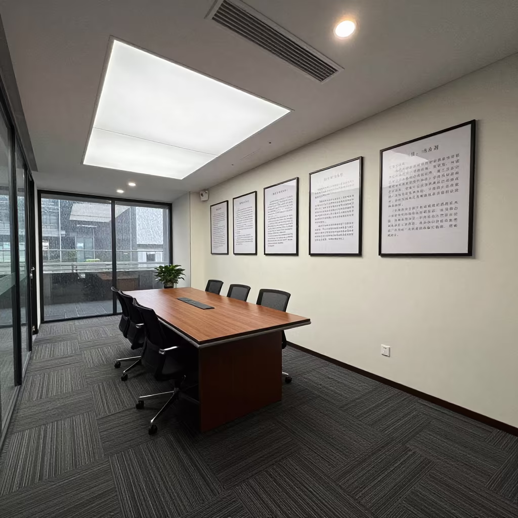 Guangzhou Office Hallway Skylight and Mission Statements in at a boardroom table before a meeting near Shamian Island, Guangzhou