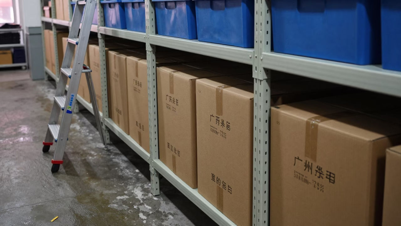 Guangzhou Stockroom Shelf Predawn Tungsten Light in inside a stockroom behind the sales floor in Guangzhou