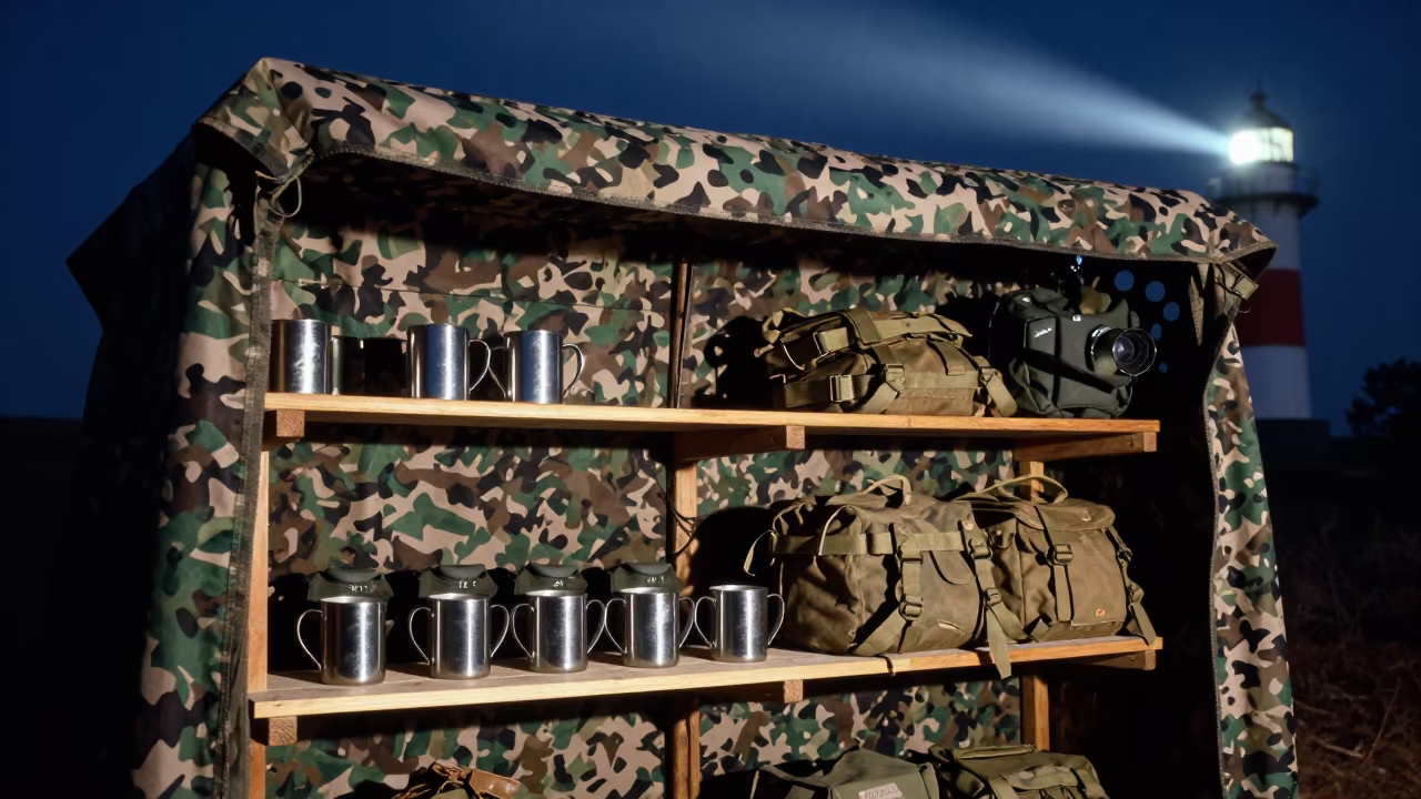 Guard Post Thermal Mug Shelf Night Lesotho in beneath a camouflage net shelter in Lesotho