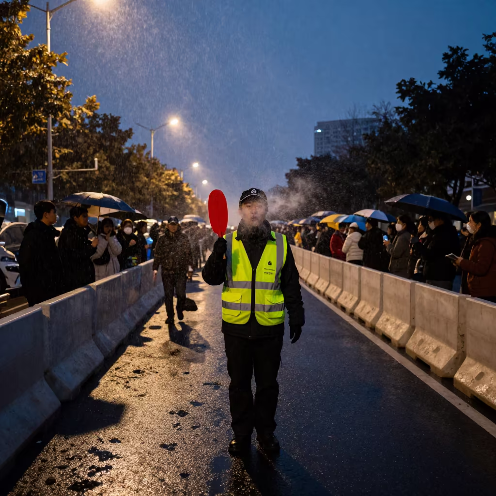 Guard With Stop Paddle In Guangzhou Sleet in along barricaded protest routes in Guangzhou