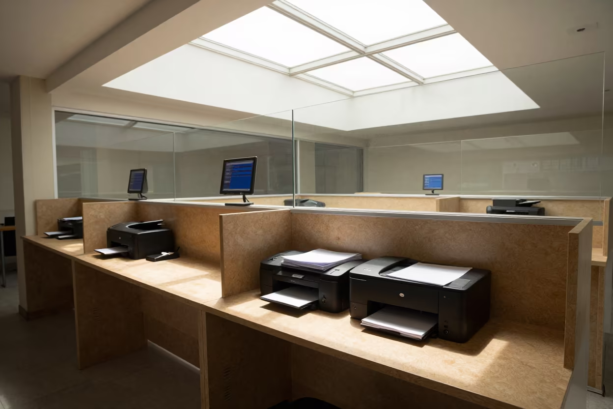 Guatemala Copy Center Counter Midday Skylight in inside a coworking floor near Guatemala City