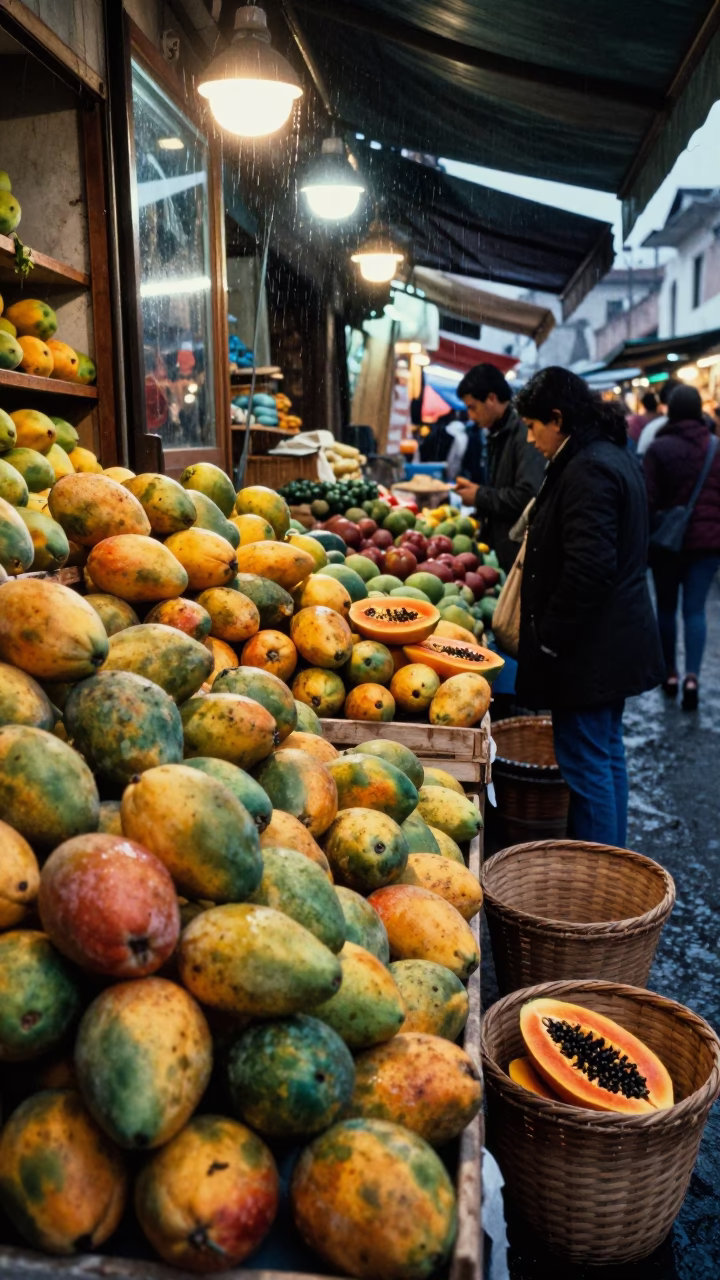 Guatemala Night Market Mango Papaya Stall in in a covered bazaar aisle in Guatemala City