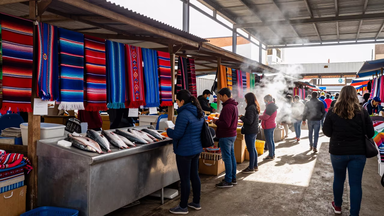 Guatemalan Huipil Fabrics in Brasilia Market in beside a fish counter in Brasilia