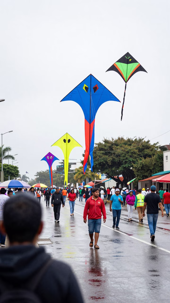 Guatemalan Kites in Durban Monsoon Drizzle in at a festival street procession in Durban