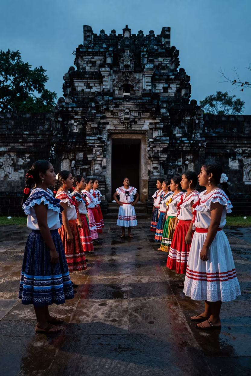 Guatemalan Rabinal Achi Dancers in Twilight in in a temple courtyard near Preston