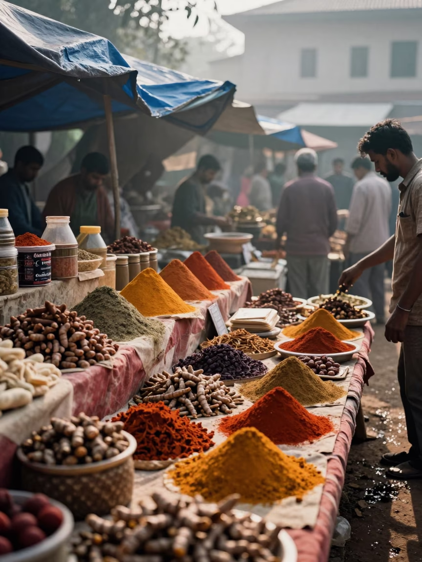 Guatire Morning Spice Market Stalls in at a flower auction bench in Guatire