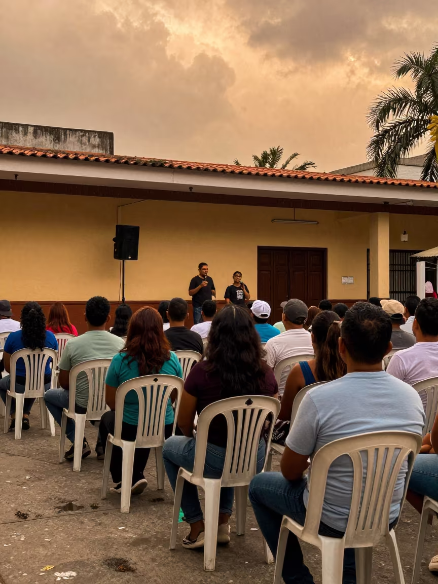 Guayaquil Public Hearing Overflow Room Listeners in in a public square in Guayaquil