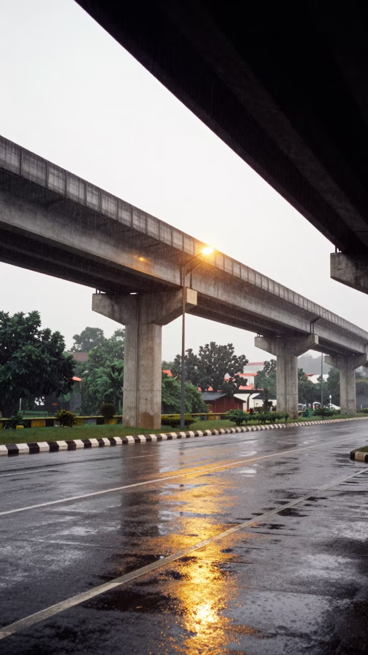 Rainy Guayaquil Underpass Street Lamp Reflection in under an elevated train line in Guayaquil