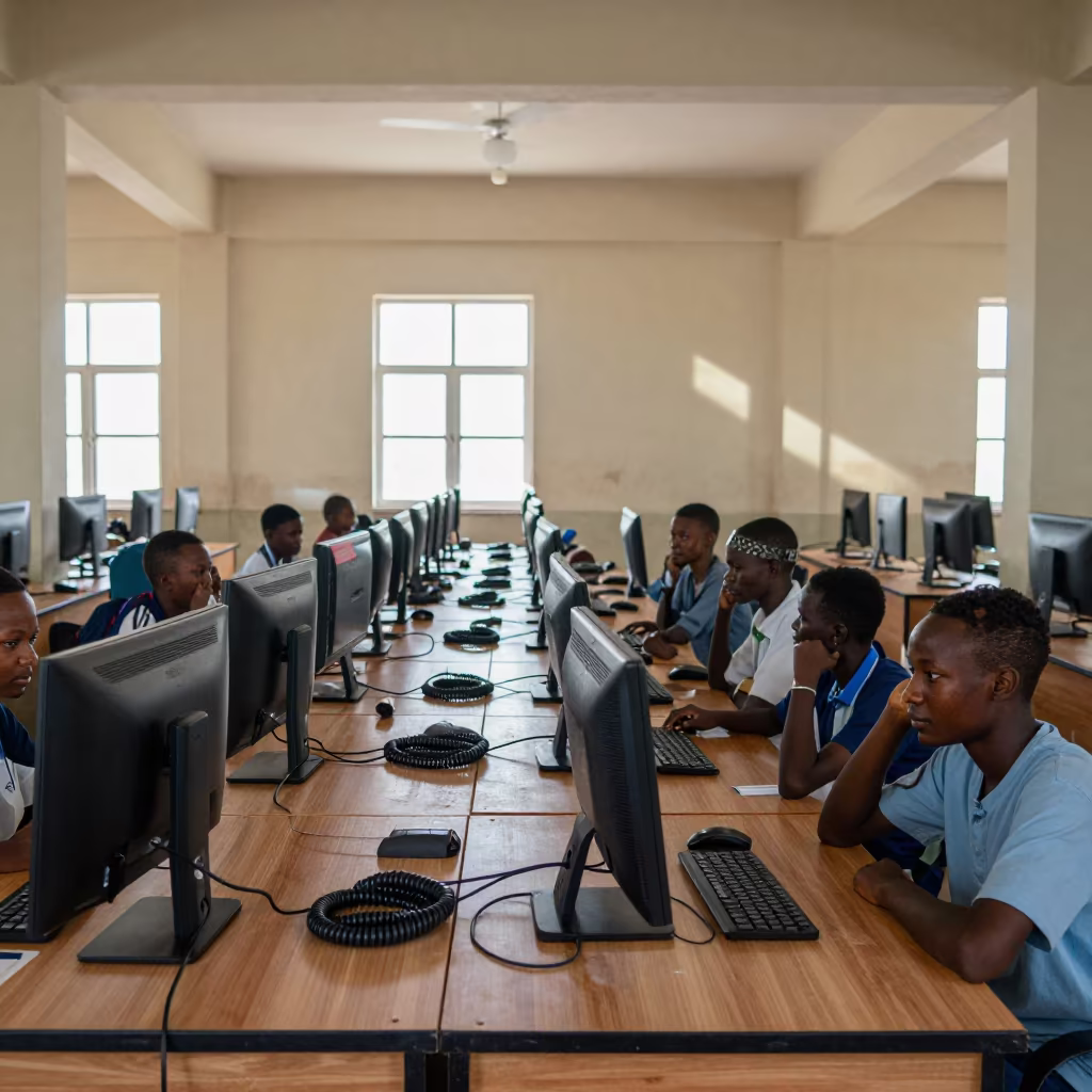 Guéckédougou School Computer Lab Late Morning in in a school laboratory near Guéckédougou