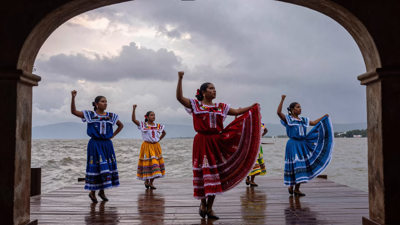 Guelaguetza Dancers at Oaxaca Waterfront Rainy Evening in at a waterfront celebration in Oaxaca