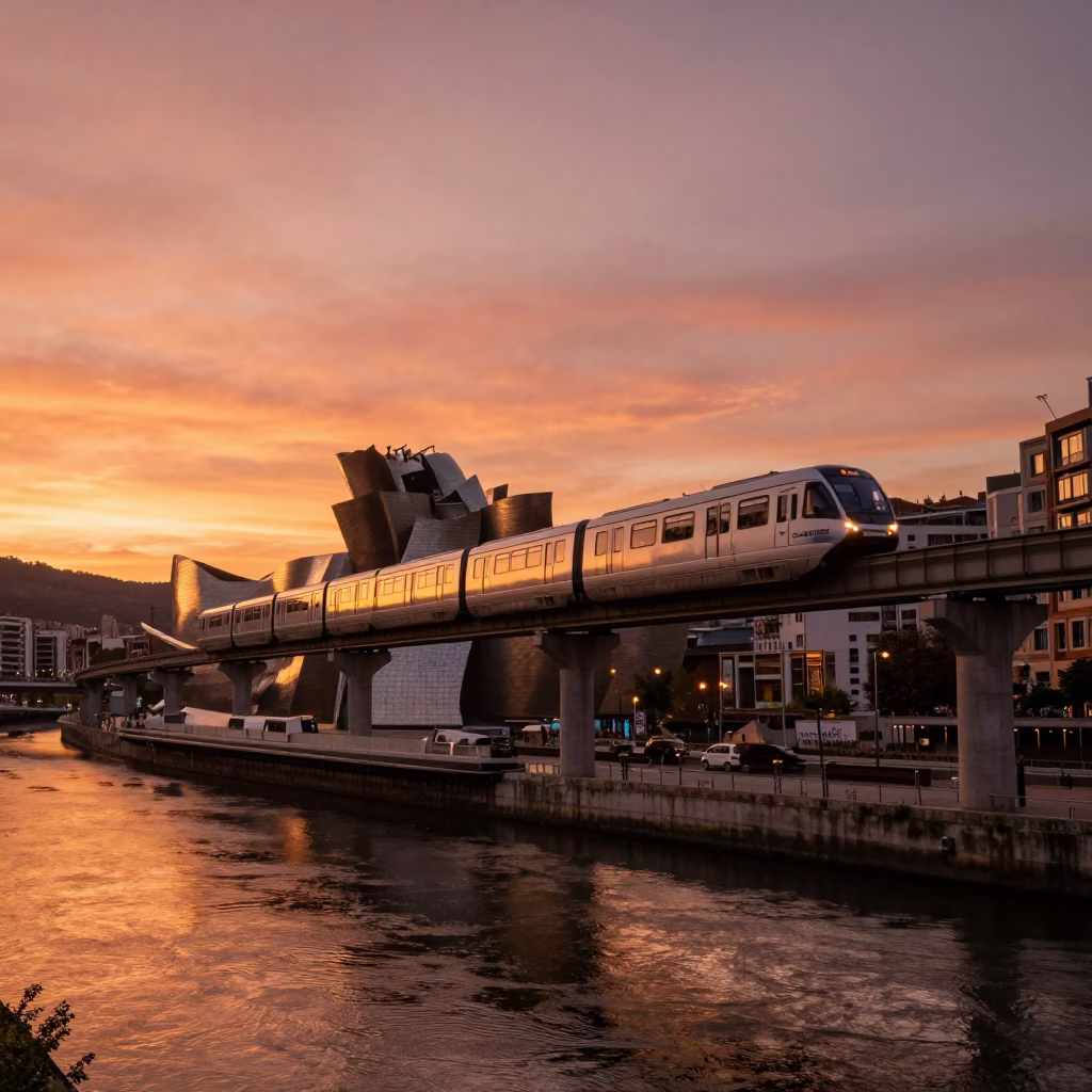 Guggenheim Bilbao copper sunset monorail crossing urban riverfront scene in in Bilbao, Spain