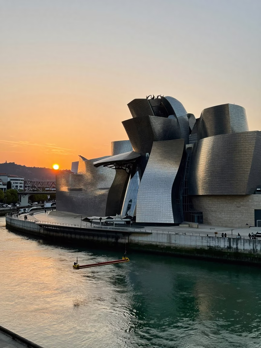 Guggenheim Bilbao Museum and Nervion River at Sunset with Bridge Cradle in in Bilbao, Spain