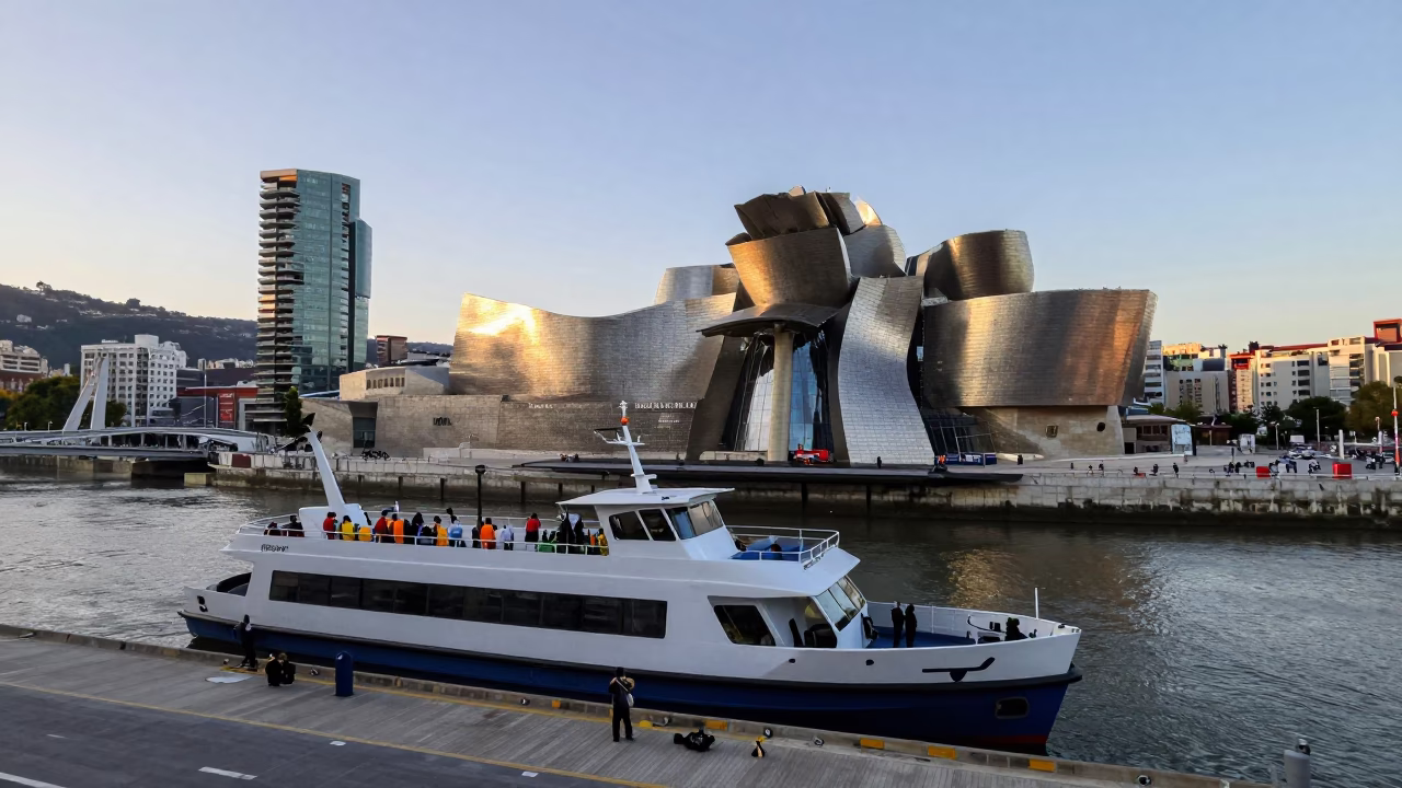 Guggenheim Museum And Nervion River Ferry Dock in Bilbao in in Bilbao, Spain