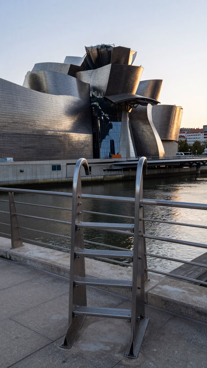 Guggenheim Museum Bilbao Bridge Pier Inspection Ladder at Nautical Dawn in in Bilbao, Spain