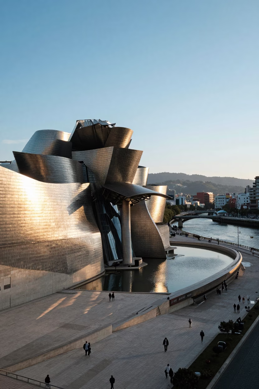 Guggenheim Museum Bilbao Evening Light with Cityscape and Nervion River Reflections in in Bilbao, Spain
