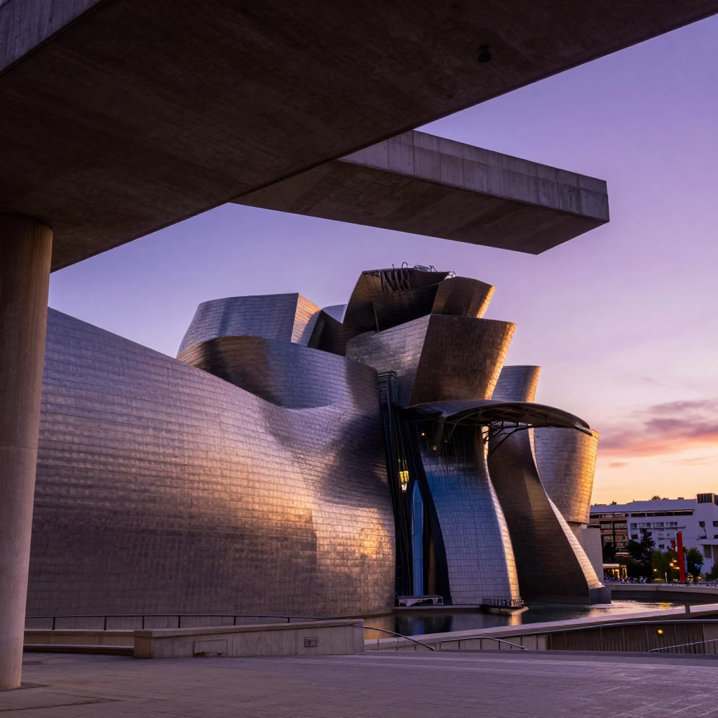 Guggenheim Museum Bilbao Sunset View with Overpass Ramp and Geraniums in in Bilbao, Spain