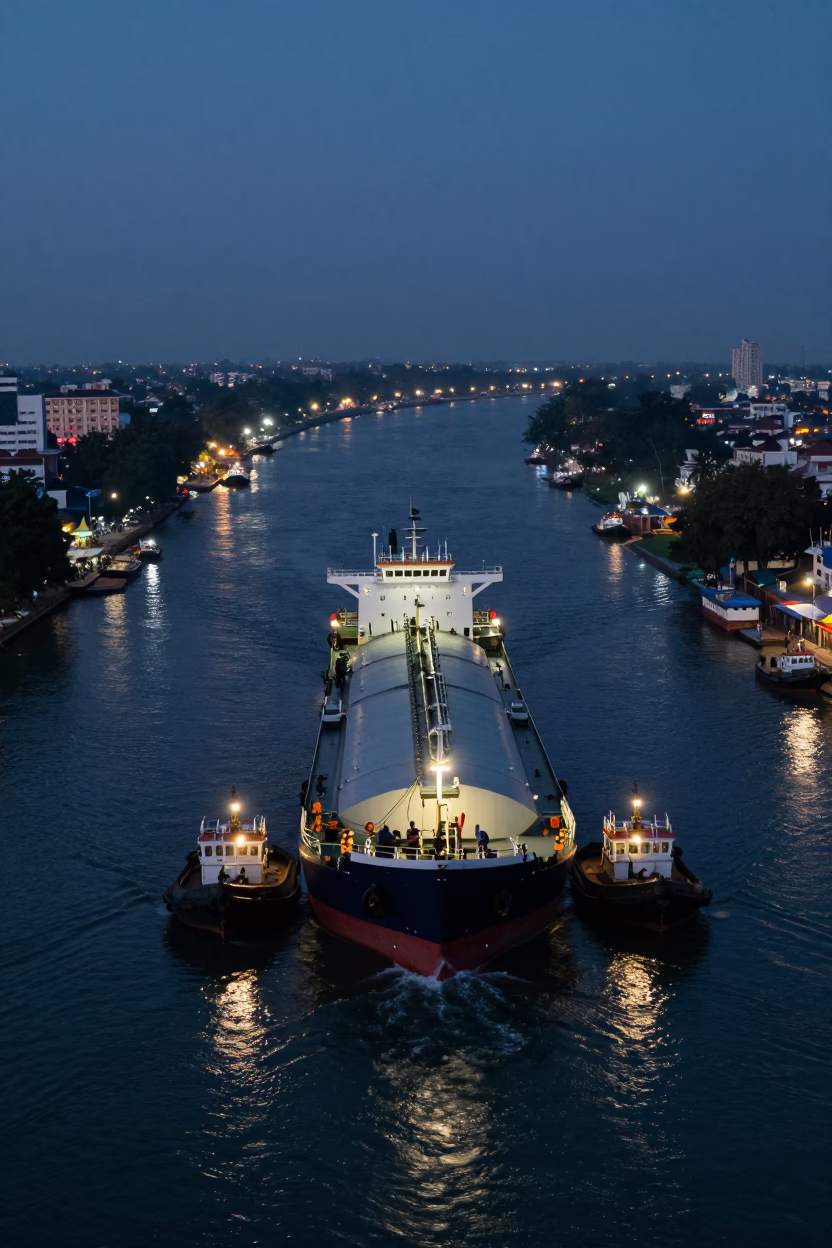 Guiding Tanker in Kochi at As City Lights Begin To Glow in in Kochi, India