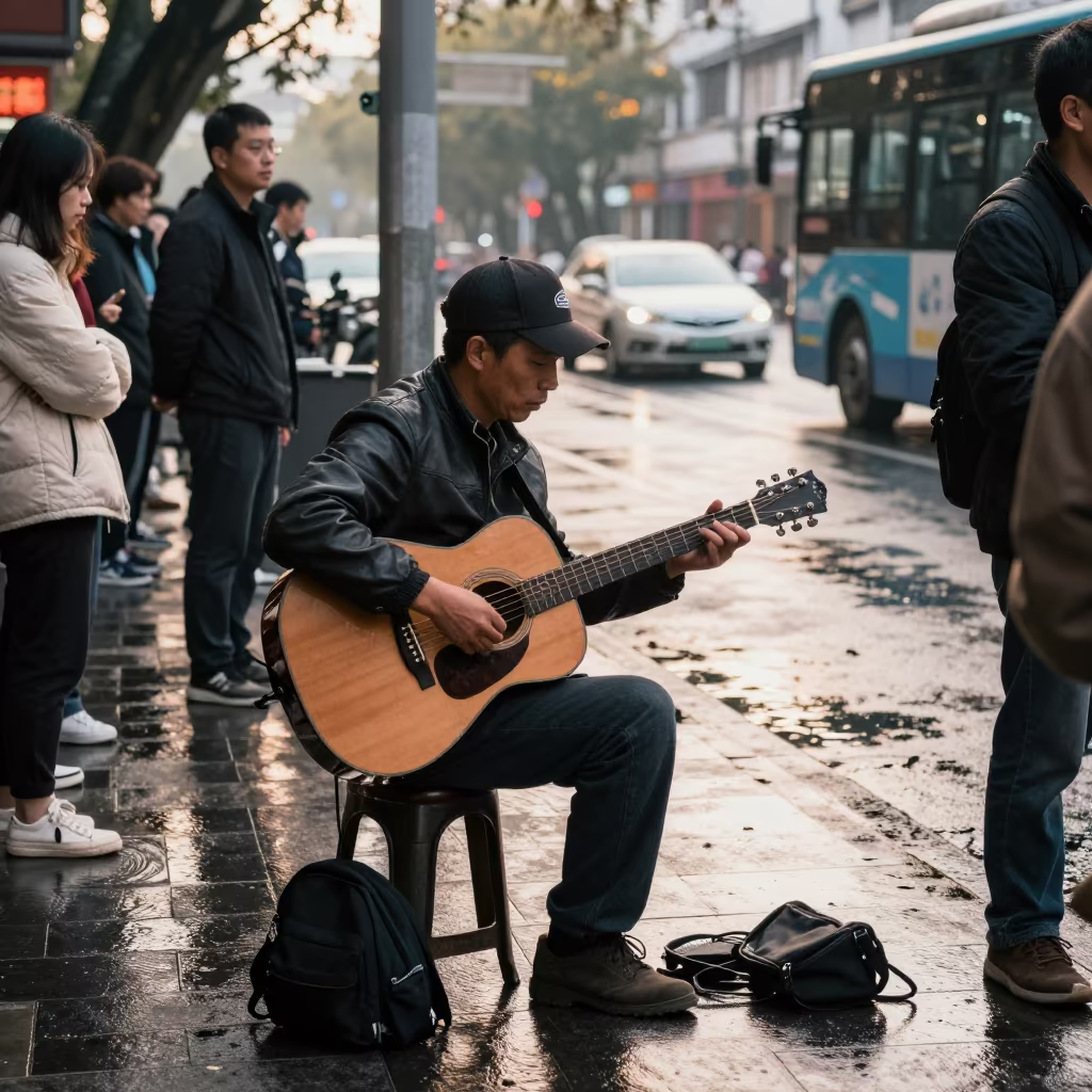 Guilin Busker Guitar Late Afternoon in at a street corner busking spot in Guilin