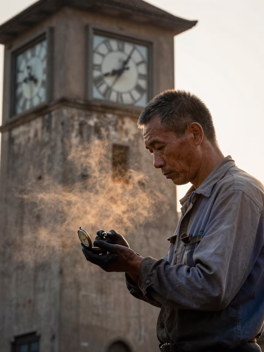 Guilin Clockkeeper with Grease-Stained Hands in against a sun-bleached plaster wall near Guilin