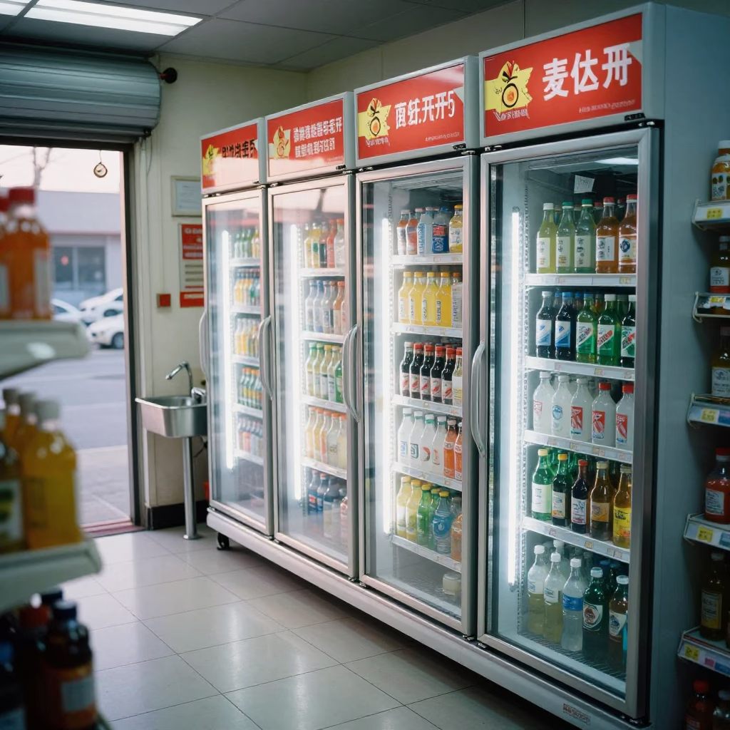 Guilin Convenience Store Fridge Bank Dawn Light in inside a storefront prepared for opening in Guilin