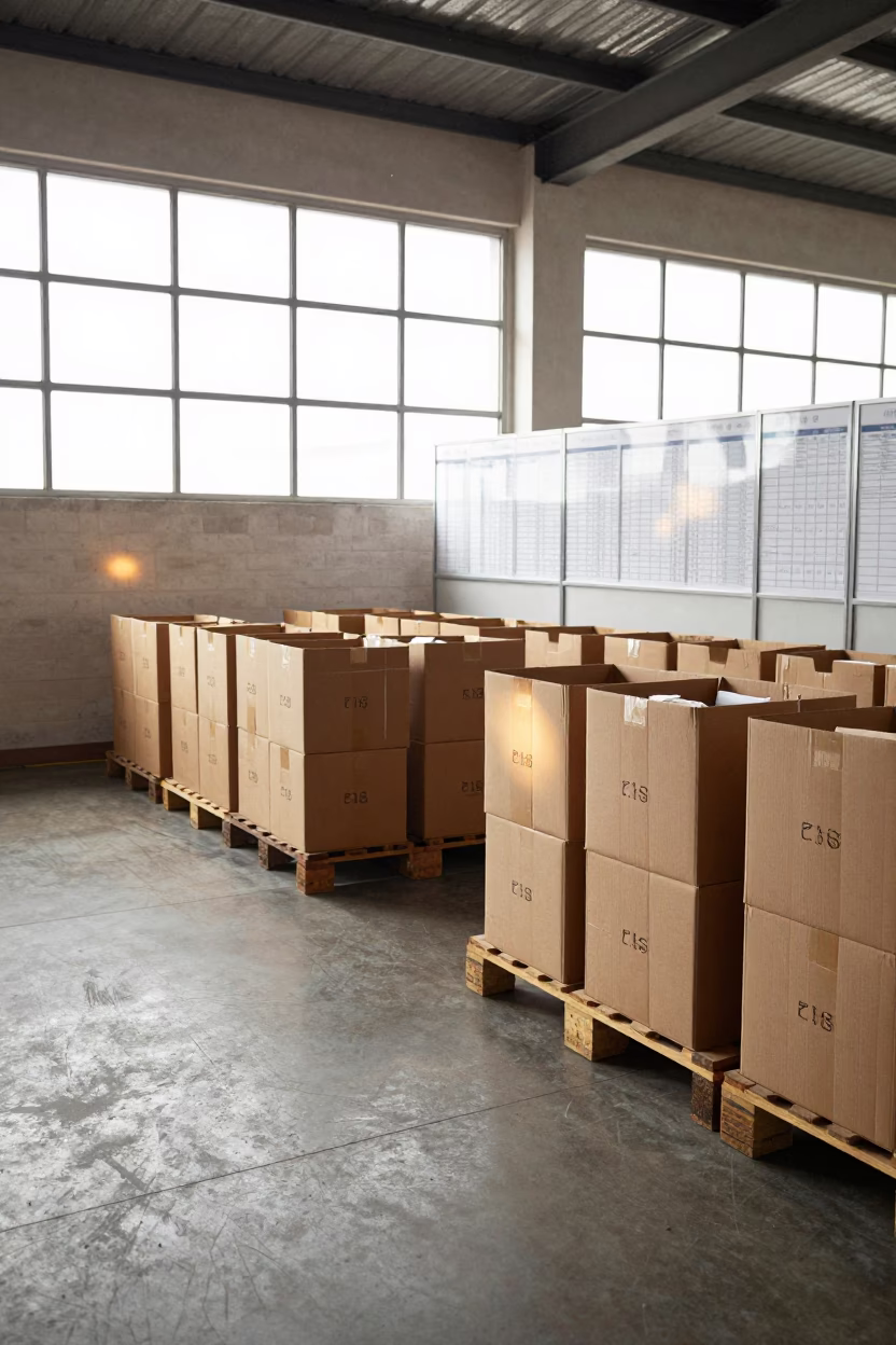 Guilin Packing Zone Morning Light Lanes in inside a fulfillment packing zone near Guilin