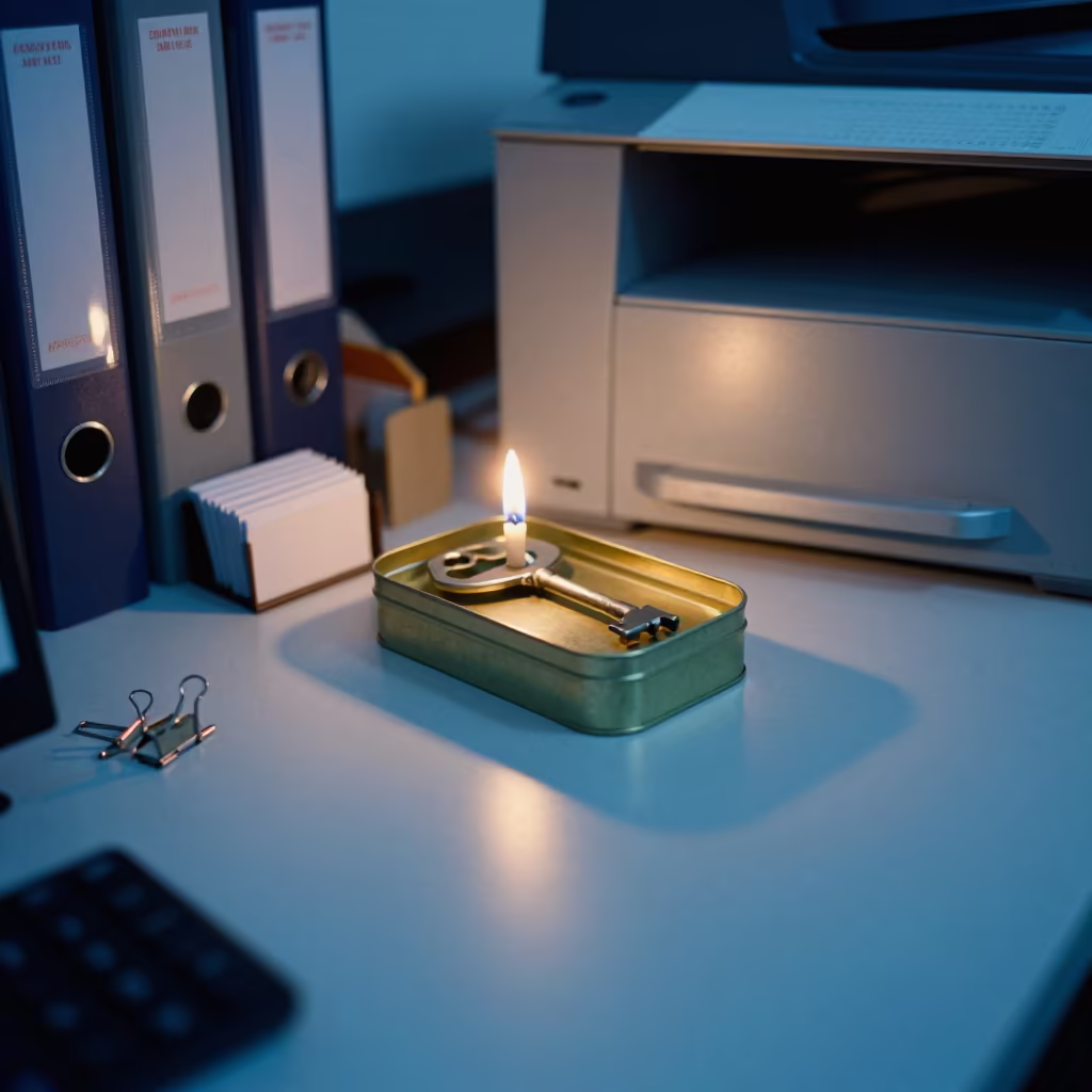 Guillotine Blade Key Tin in Evening Office Light in inside an open-plan office bay near Edfu
