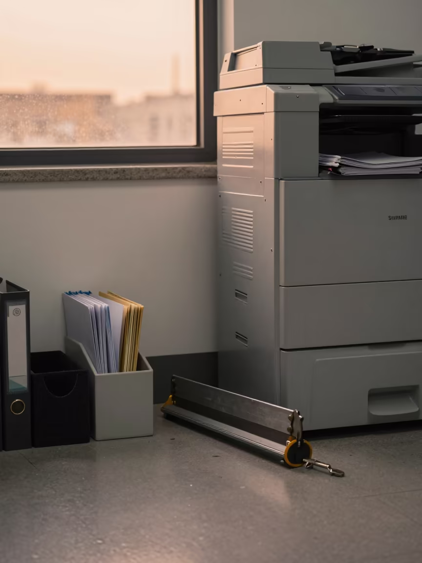 Guillotine Key Tin Office Bay Before Dusk in inside an open-plan office bay near Sumbe