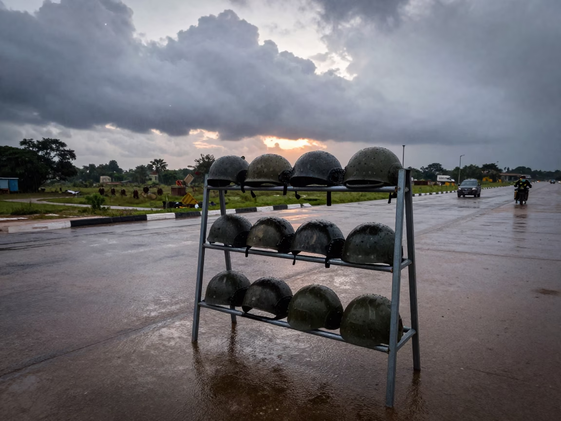 Guinea Checkpoint Helmet Shelf Before Dawn in at a checkpoint lane in Guinea