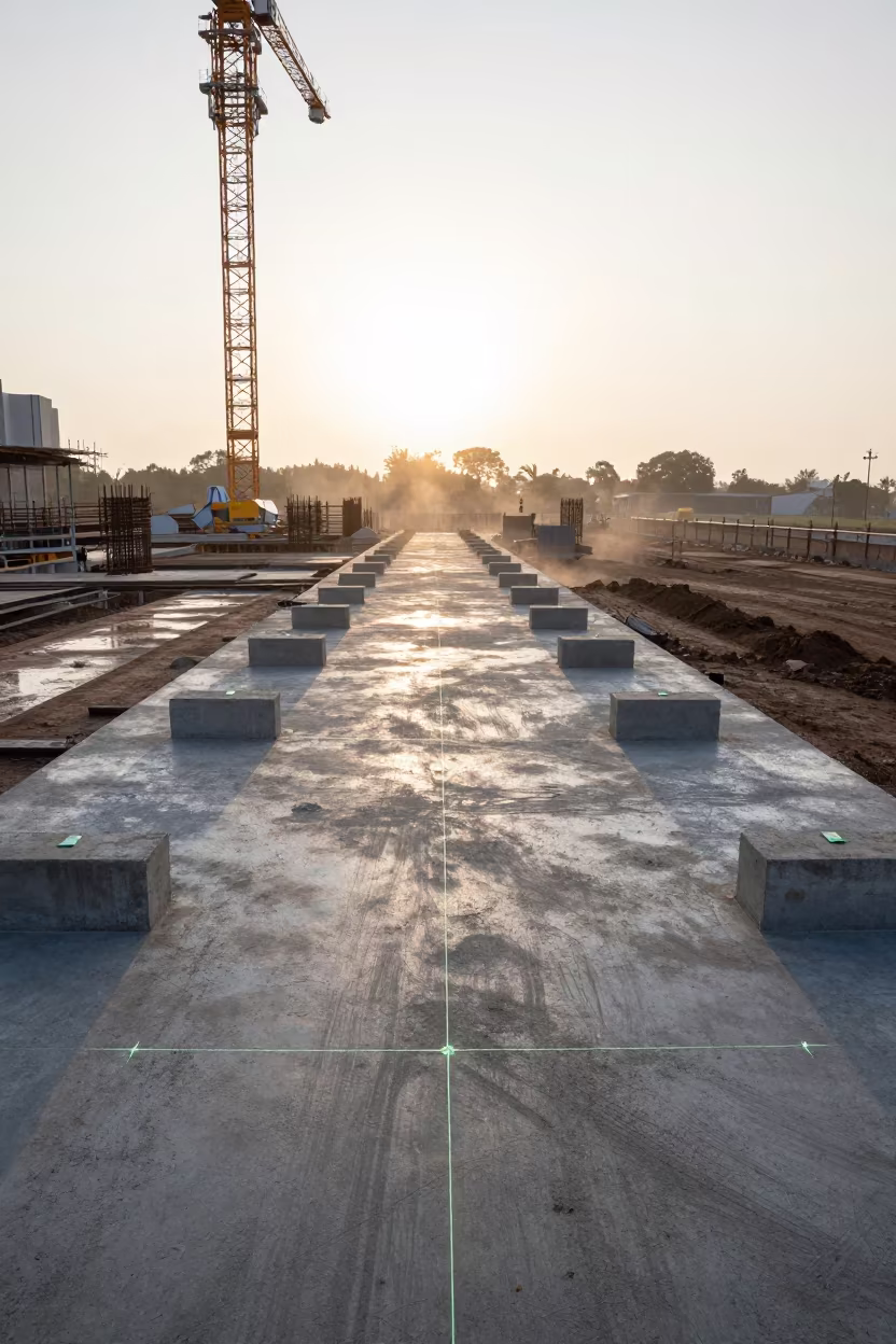 Guinea Construction Site Morning Core Shell Floor in beneath a tower crane on open ground in Guinea
