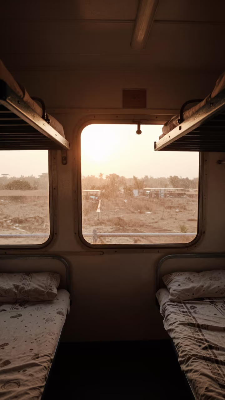 Guinea Ferry Sleeper Car Interior First Light in across a remote ferry crossing in Guinea